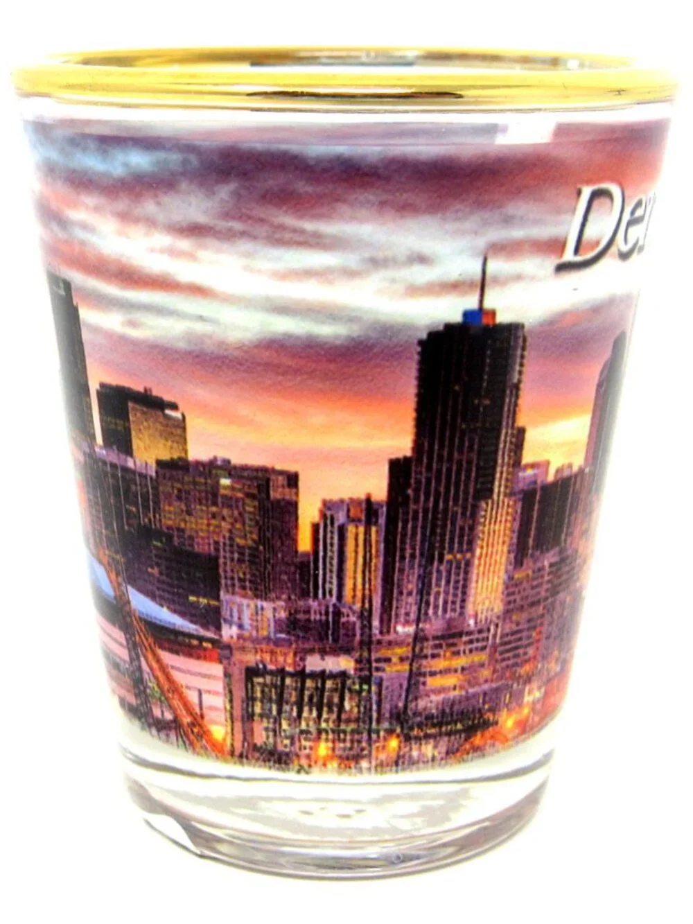 Share Denver Skyline Shot Glass at Sunset Colorado 2 oz Gold New